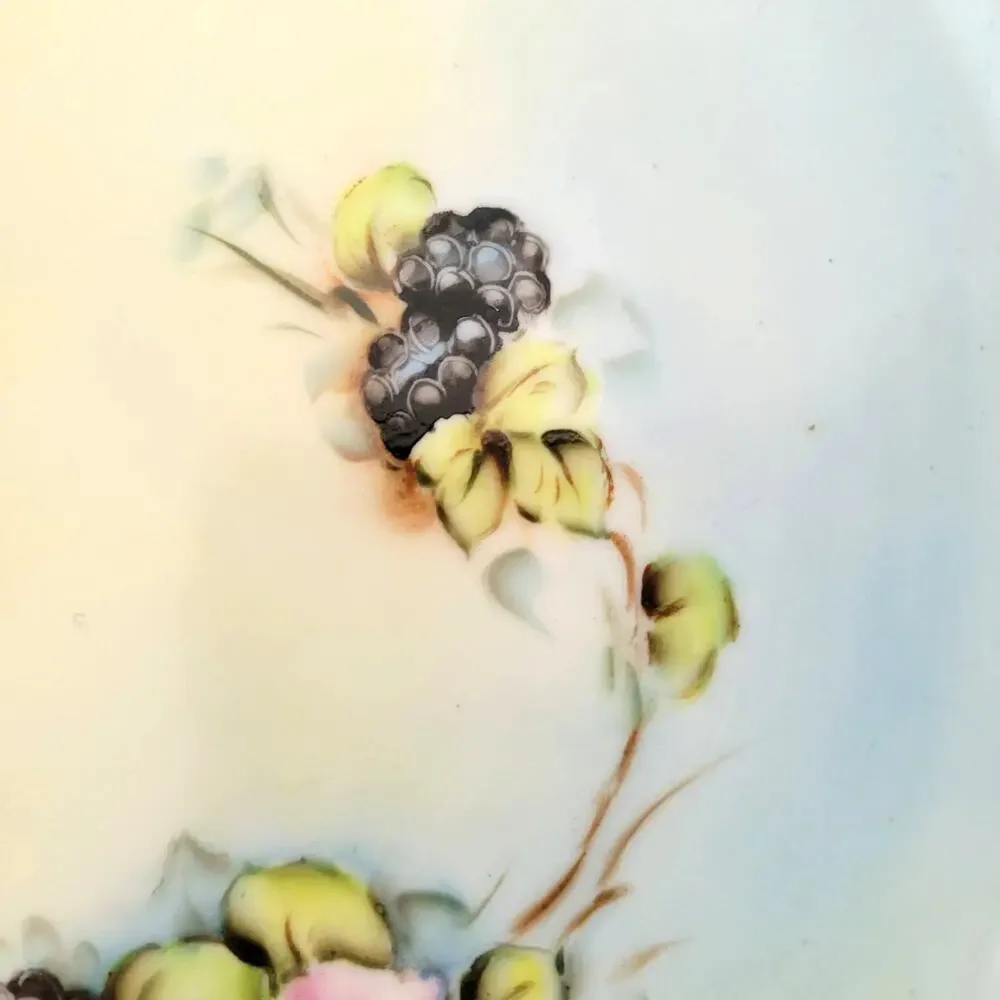 Vintage M Z Austria Painted Trinket Plate Black Berry Flowers Leaves Gold Accent